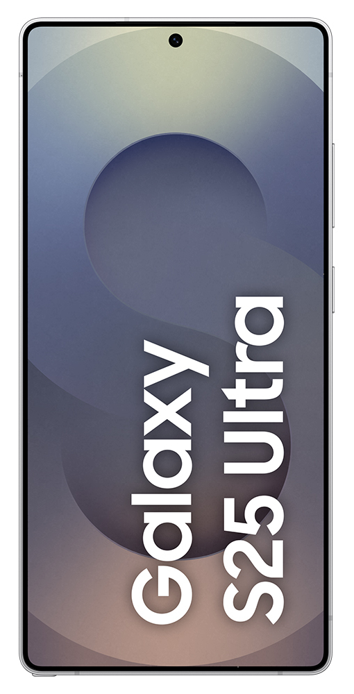 Srebrny telefon z napisem Galaxy S25 Ultra. Ma ekran z okrągłym wzorem.