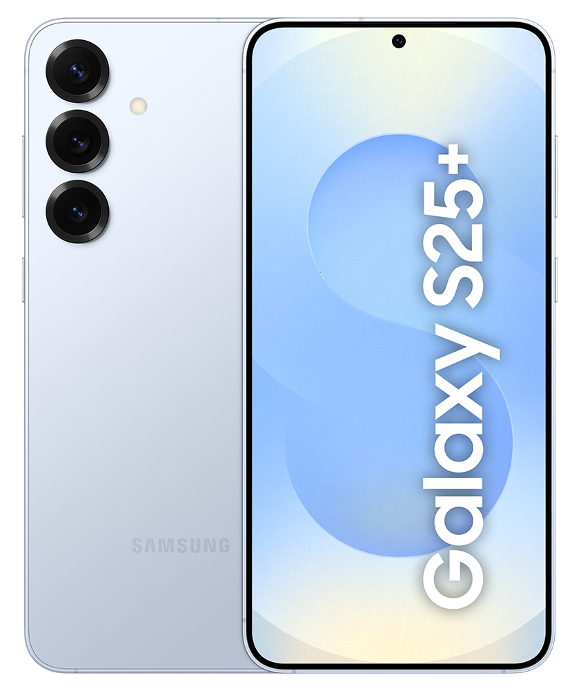 Jasnoniebieski smartfon Samsung Galaxy S25+ z trzema tylnymi aparatami i białym wyświetlaczem.