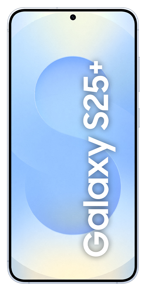 Srebrny telefon z napisem Galaxy S25+ na ekranie. Tło jest jasnoniebieskie.