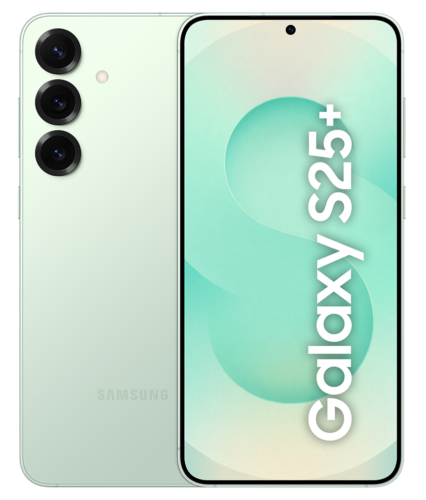 Zielony telefon Samsung Galaxy S25+, pokazujący tył z aparatami i przednim ekranem.
