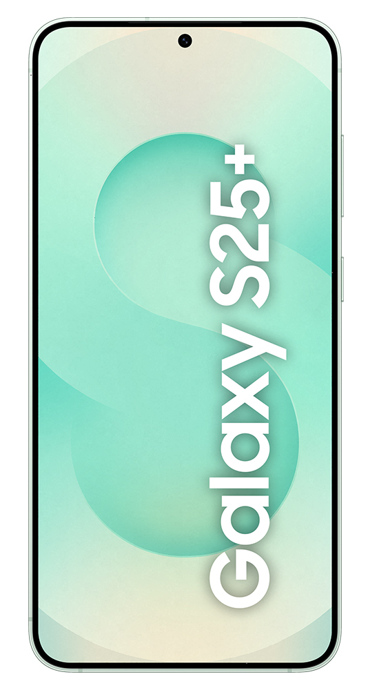 Smartfon z dużym ekranem wyświetla słowa "Galaxy S25+". Tło ma gradient.