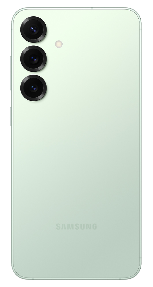 Widok z tyłu jasnozielonego smartfona z trzema aparatami i logo Samsung.
