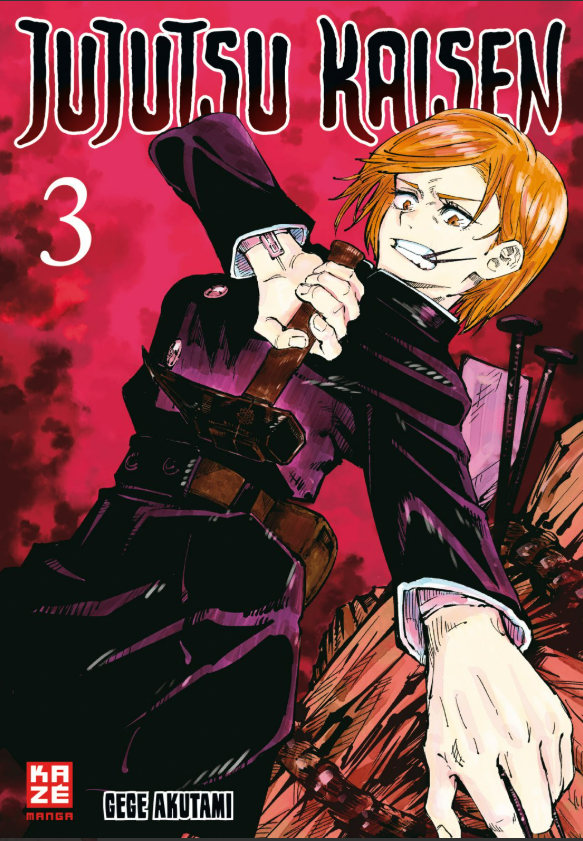 Manga-Cover: Jujutsu Kaisen Band 3, mit einer Figur, die eine Waffe hält, auf rotem Hintergrund.