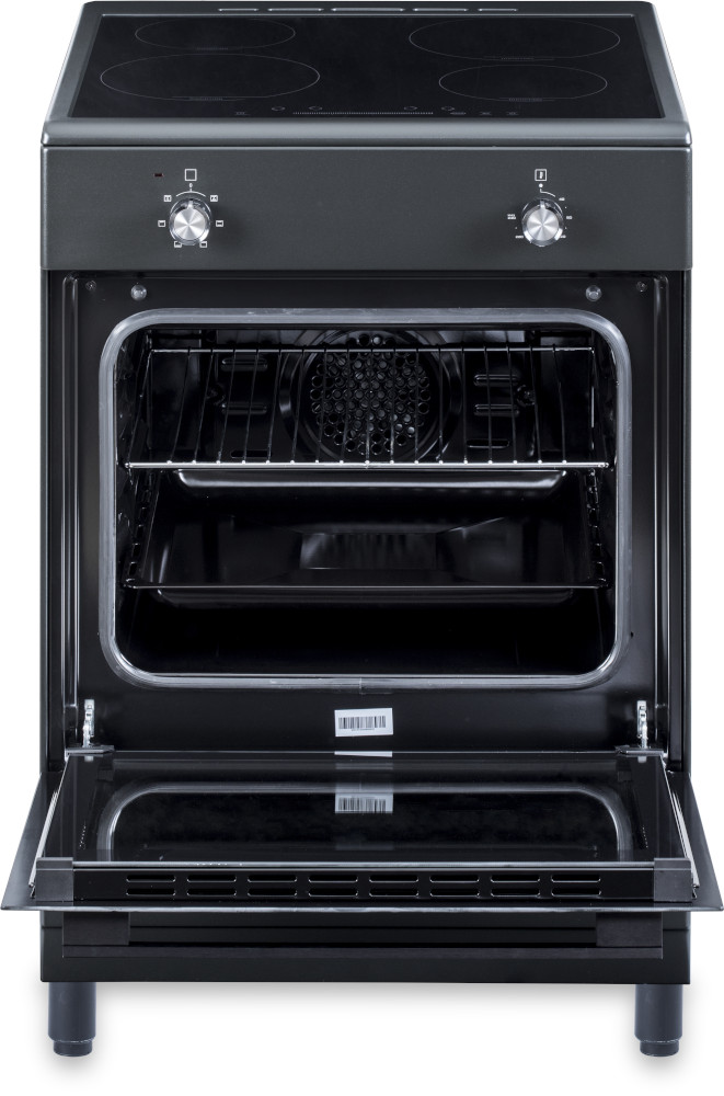 A black electric oven with the door open.
