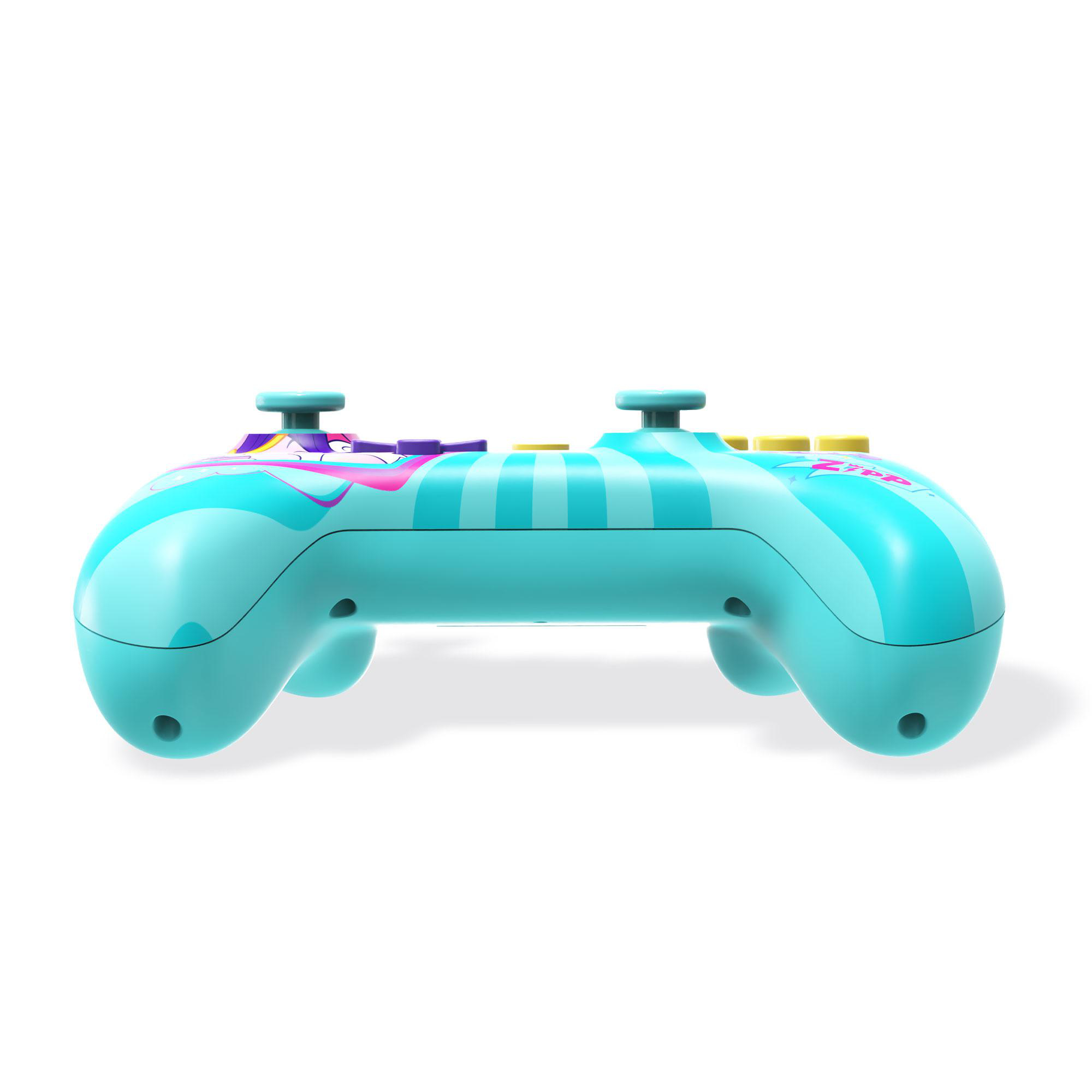Ein blauer Gamecontroller mit Knöpfen auf weißem Hintergrund.