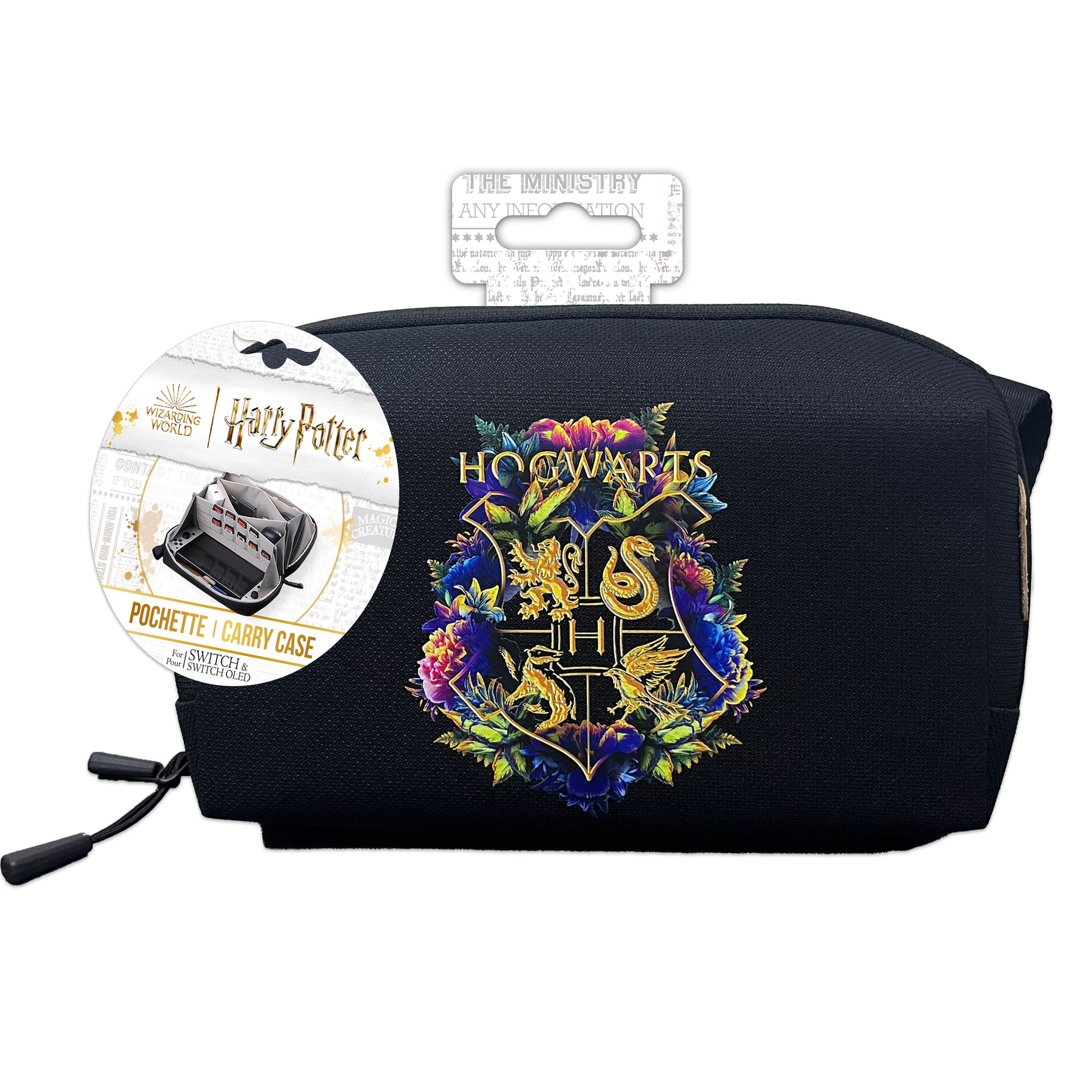 Eine schwarze Harry-Potter-Tragetasche mit Hogwarts-Wappen-Design und Reißverschluss.