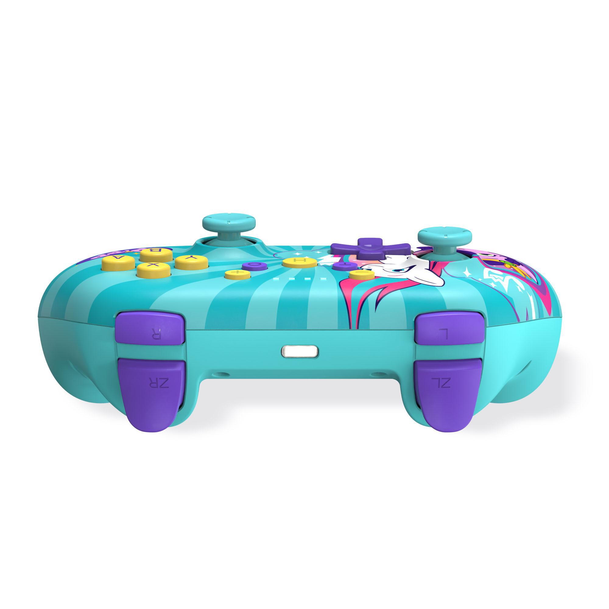 Ein türkis- und lilafarbenes Gamecontroller im Einhorn-Thema mit Knöpfen und Joysticks.