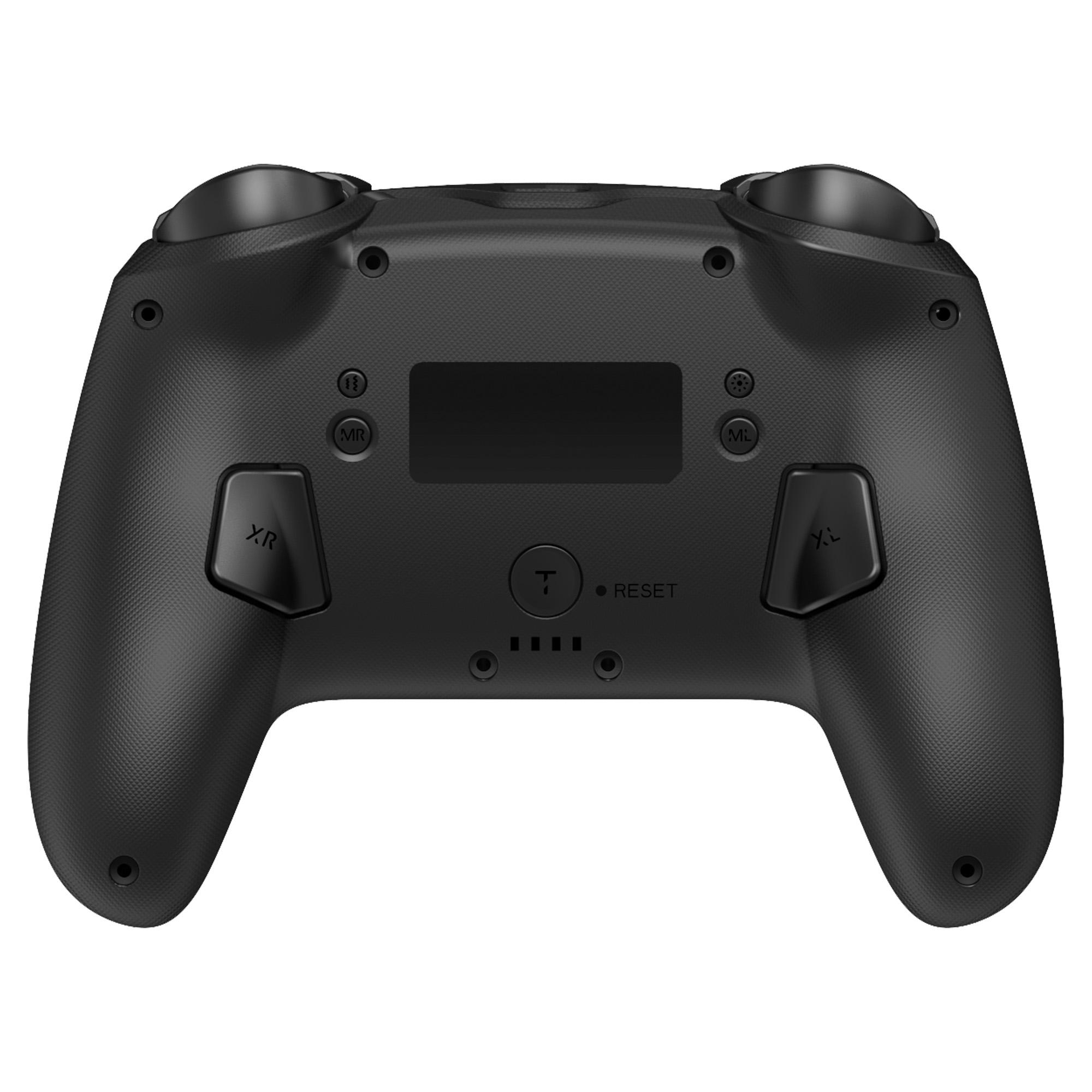 Schwarzer Gamecontroller mit mehreren Tasten. Zwei Joysticks oben und Tasten an den Seiten.