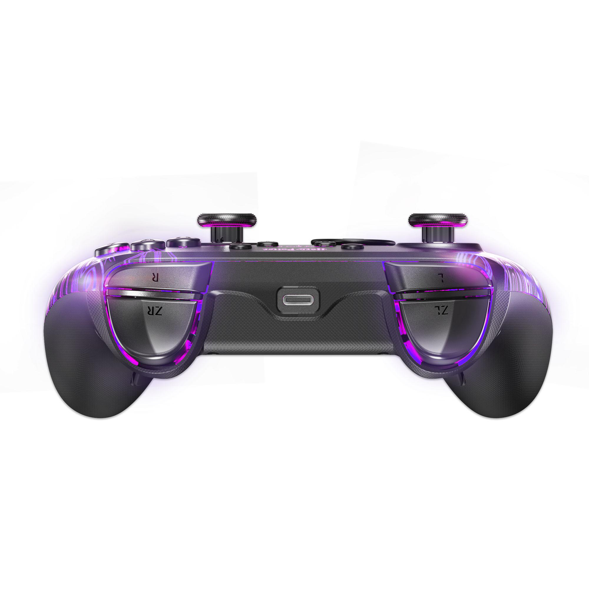 Ein transparenter Gaming-Controller mit lila Lichtern, von unten gesehen.