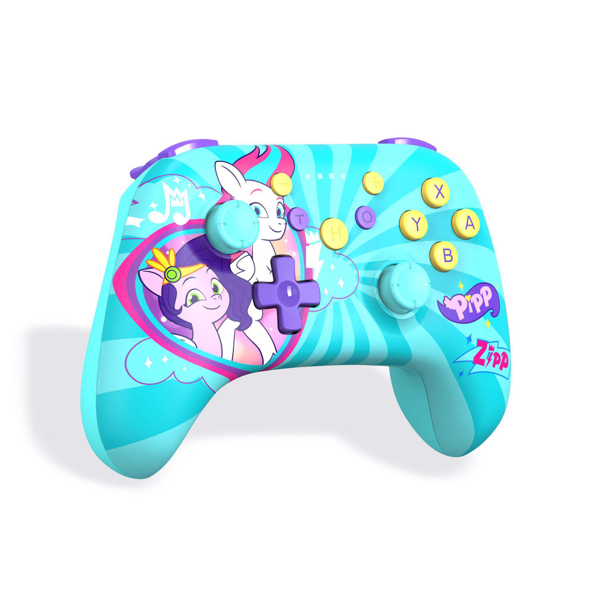 Blau-rosa My Little Pony Gamecontroller. Mit Charakteren und Knöpfen.