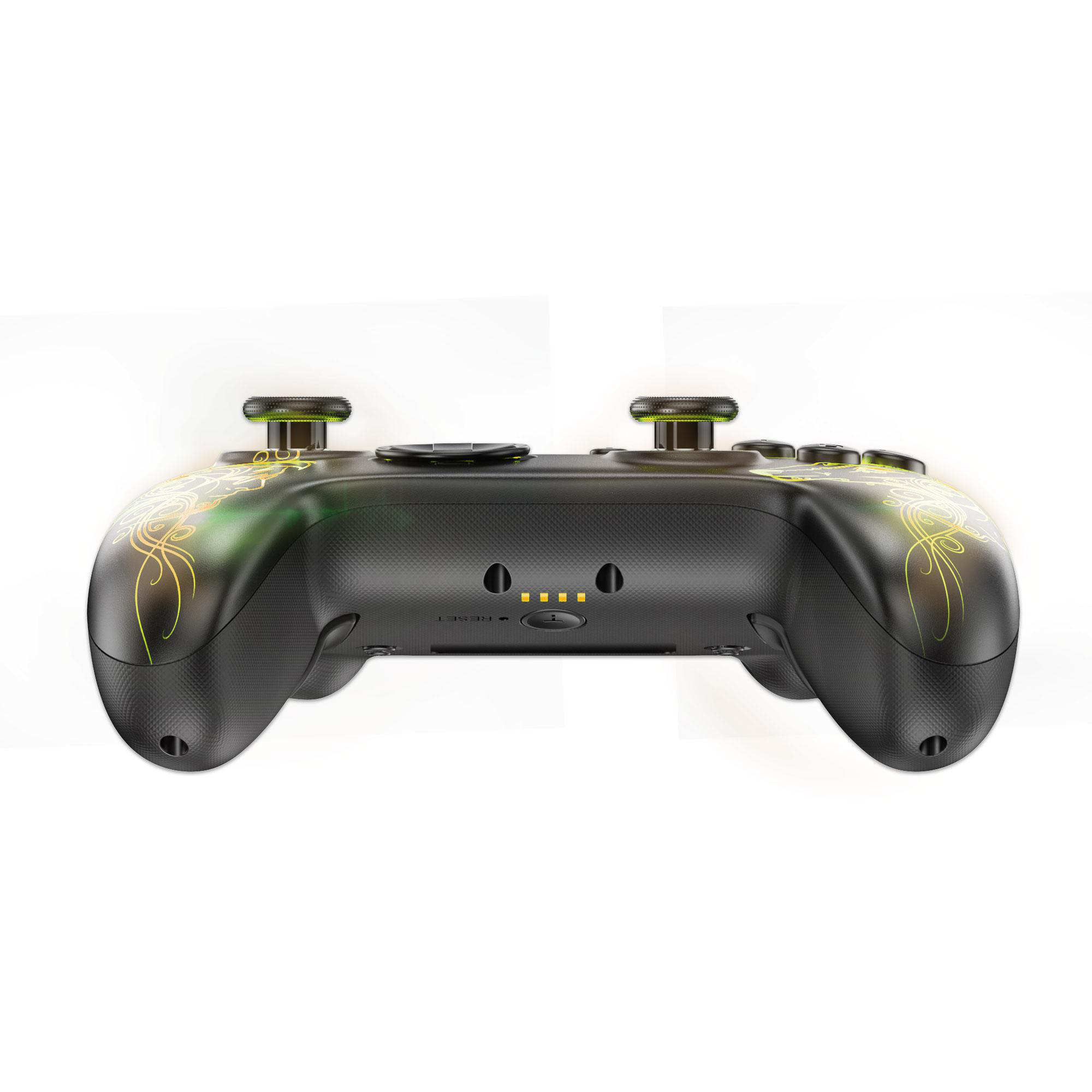 Ein schwarzes Gamepad mit grünen Akzenten. Es wird von hinten gesehen.