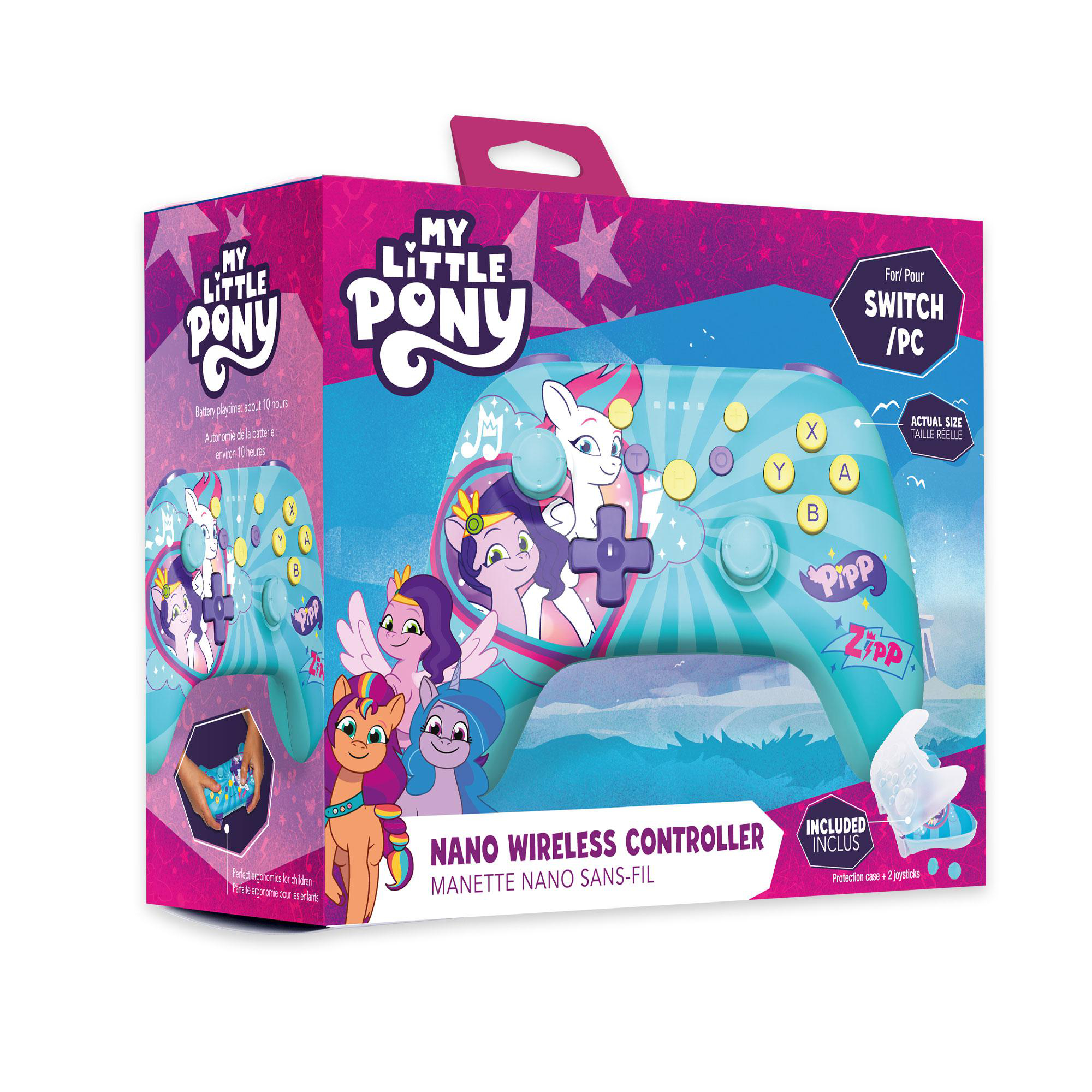 Eine My Little Pony Gamecontroller-Box. Die Box ist rosa und teal mit Pony-Illustrationen.