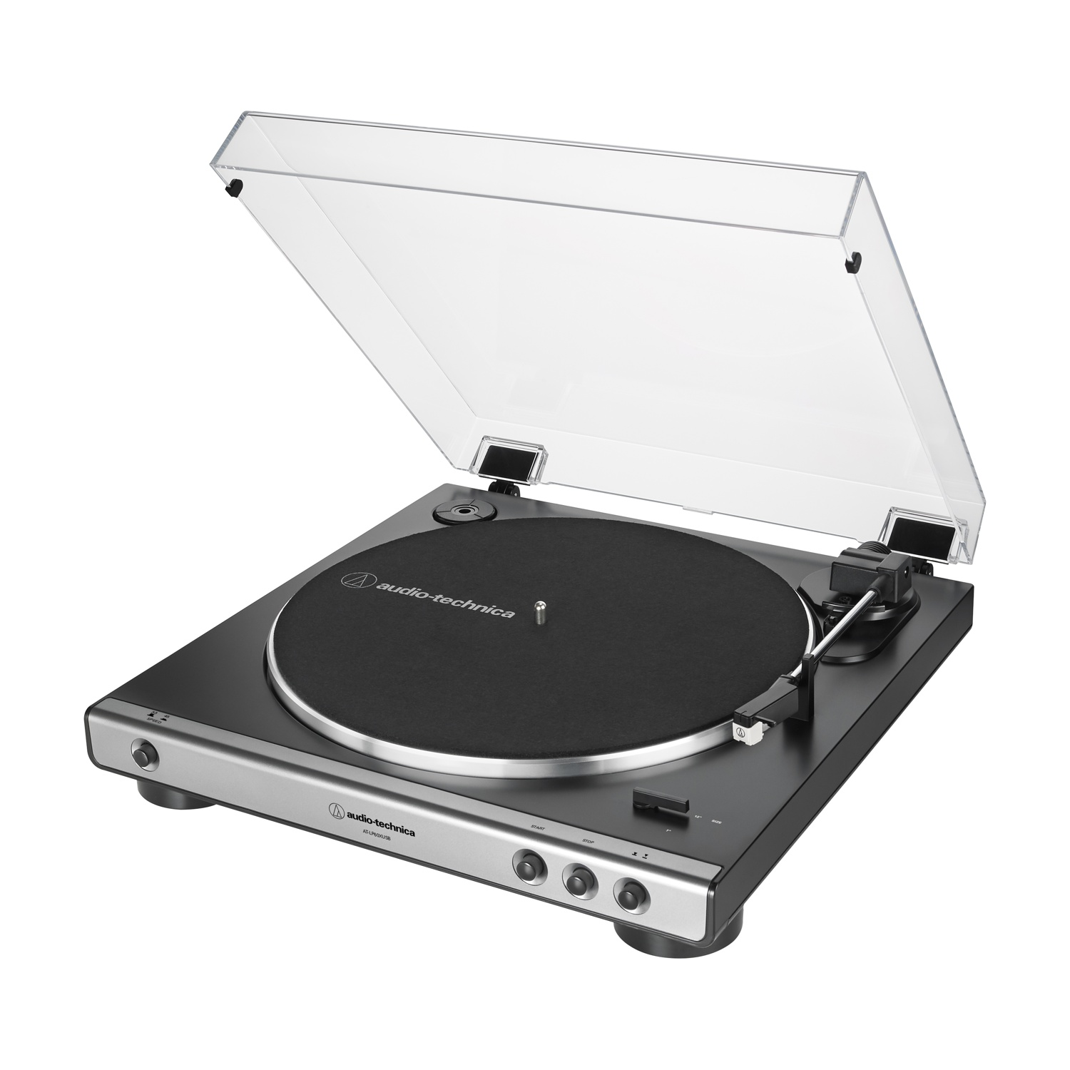 Un giradischi nero con coperchio trasparente. Il logo Audio-Technica è visibile.