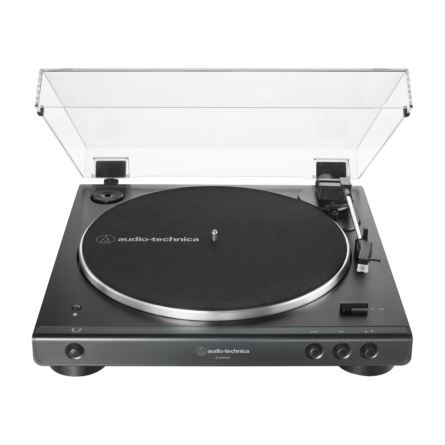 Giradischi nero con coperchio trasparente. Piatto argentato con logo audio-technica.