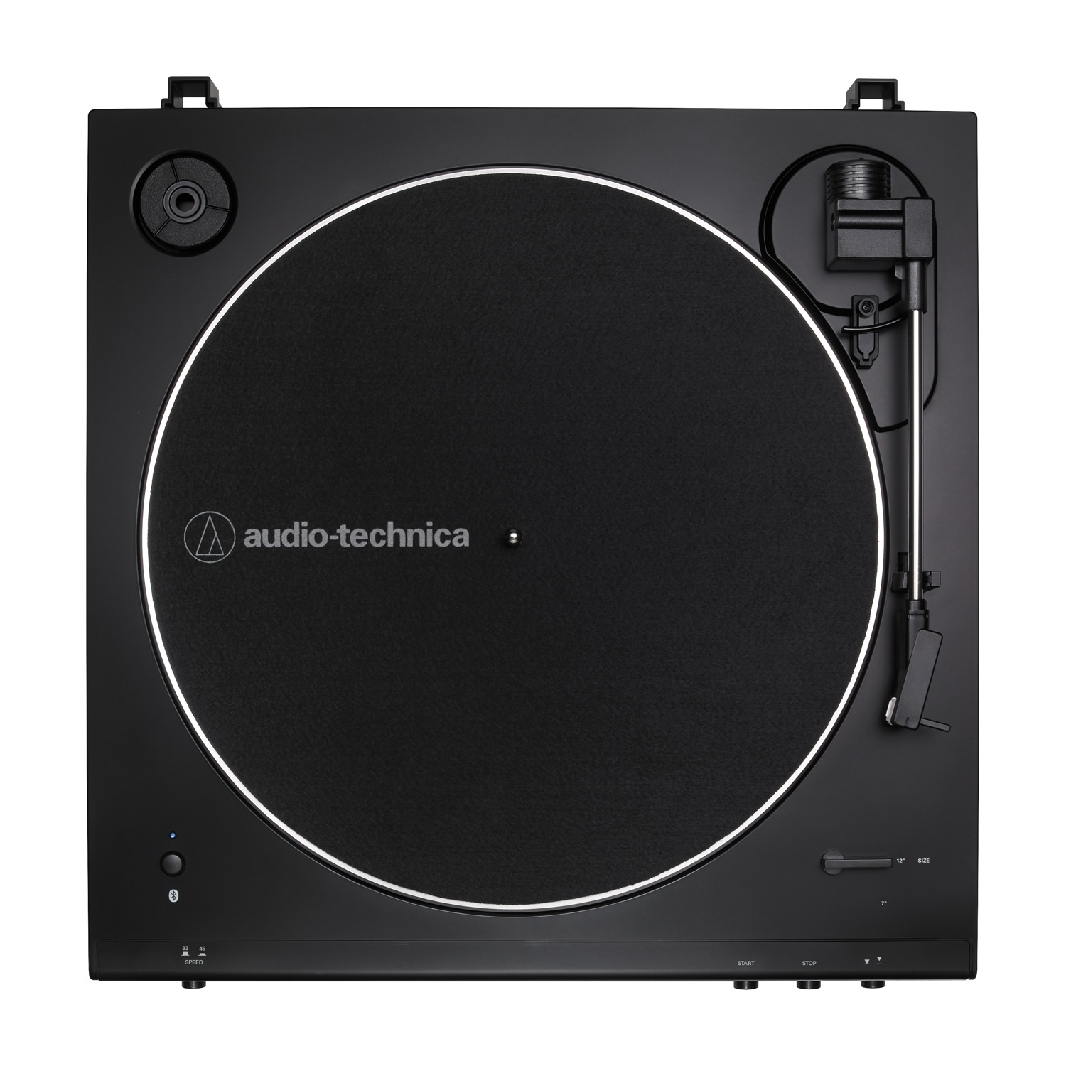Giradischi Audio-technica nero, vista dall'alto, con tappetino nero.