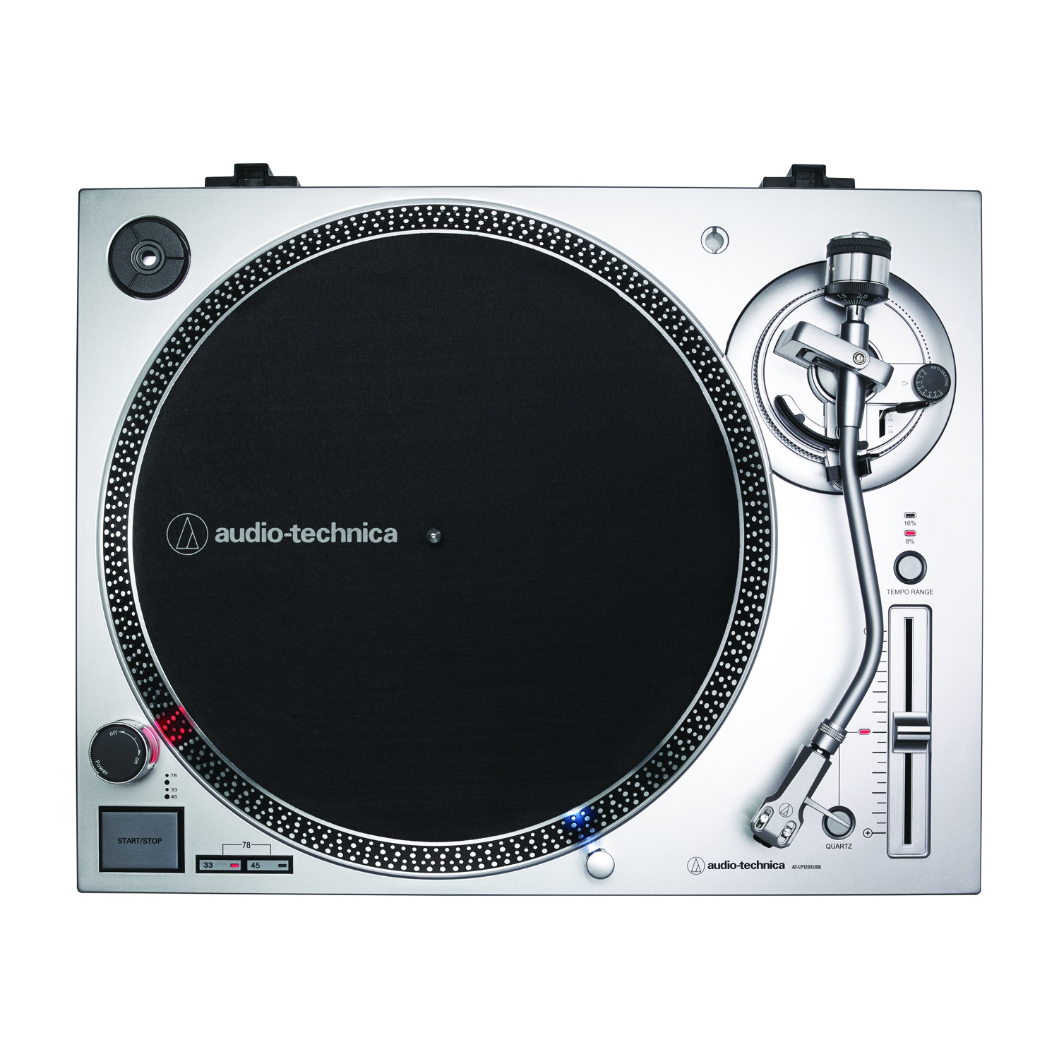 Giradischi argento con piatto nero, logo Audio-Technica e pannello di controllo.