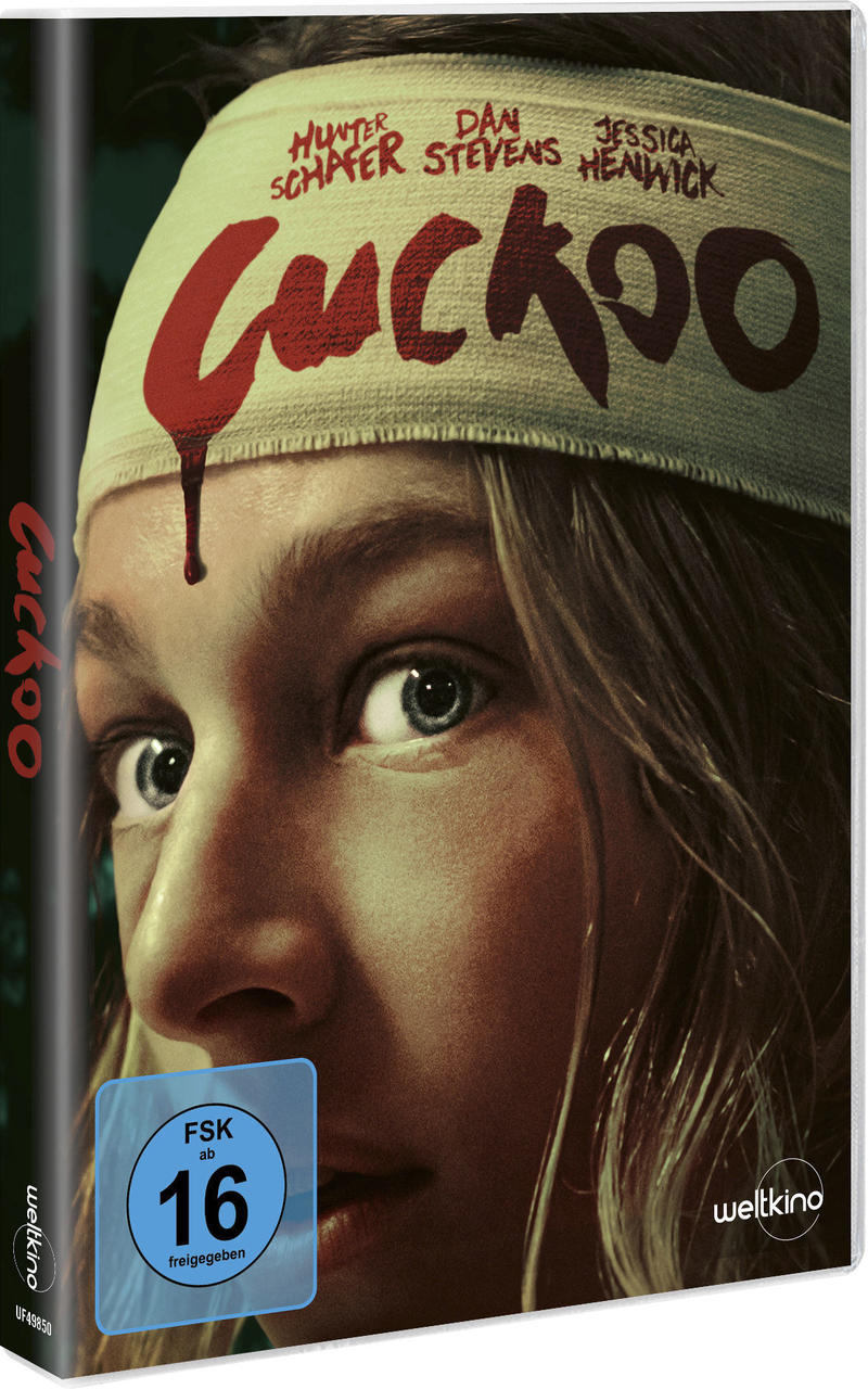 DVD-Hülle für den Film Cuckoo. Im Fokus steht eine Frau mit weißem Stirnband und rotem Titel.