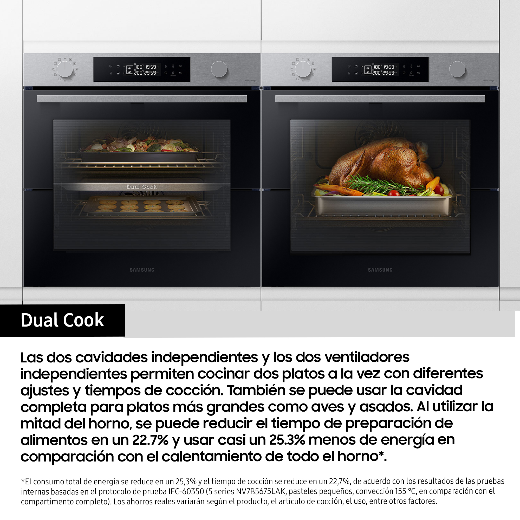 Horno Dual Cook con dos compartimentos. Uno tiene galletas y el otro un pollo asado. Controles plateados.