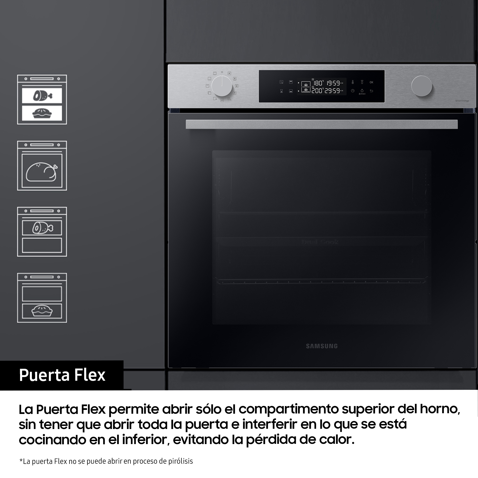 Horno Samsung con función Puerta Flex, panel de control plateado y puerta de cristal negra. Iconos de cocción a la izquierda.