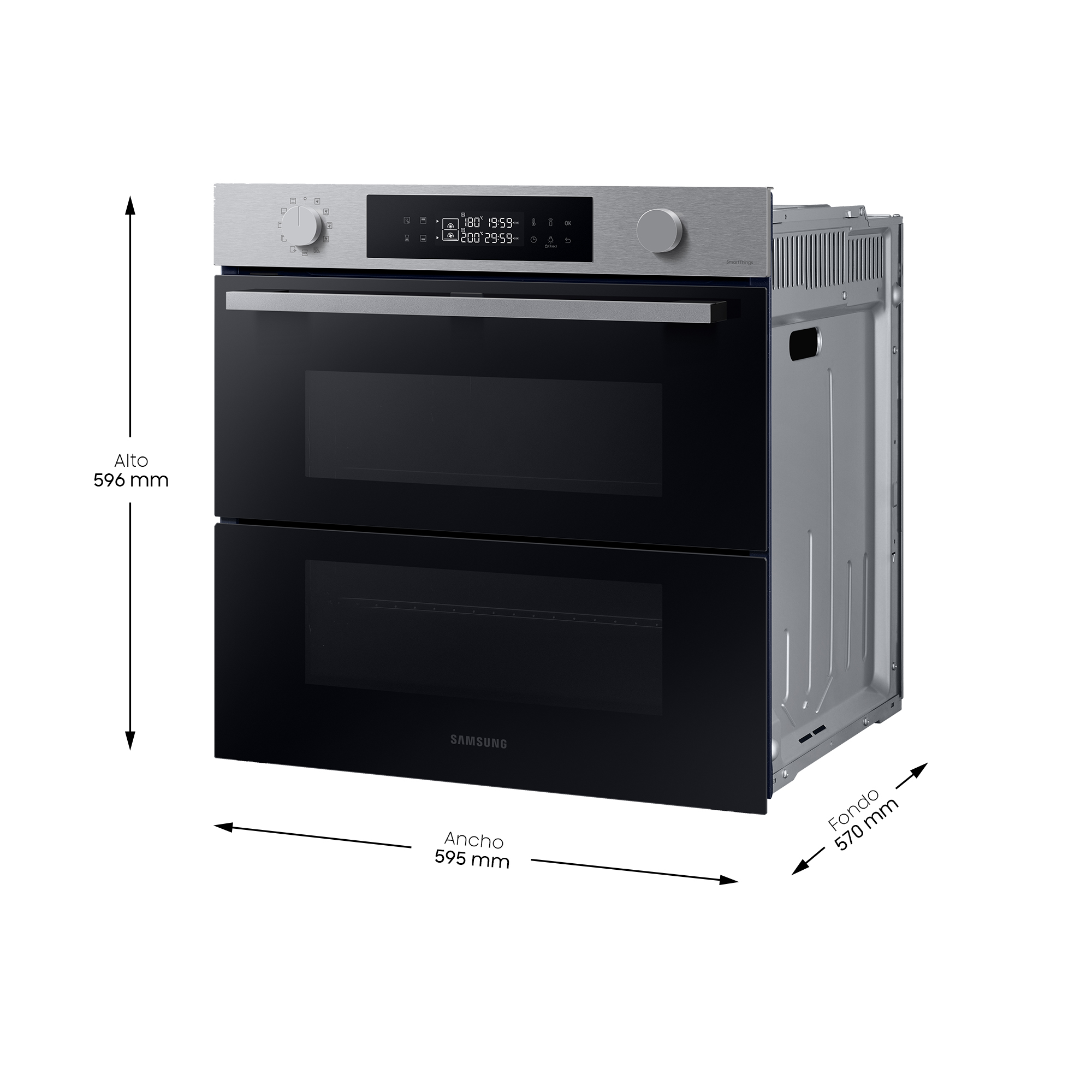 Un horno doble Samsung, puertas negras, parte superior plateada con controles, dimensiones etiquetadas sobre fondo blanco.