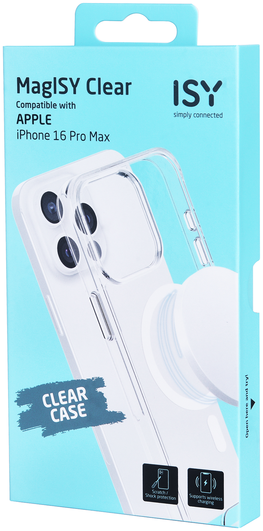 Átlátszó tok doboz iPhone 16 Pro Max-hoz, átlátszó tokkal és MaglSY Clear szöveggel.