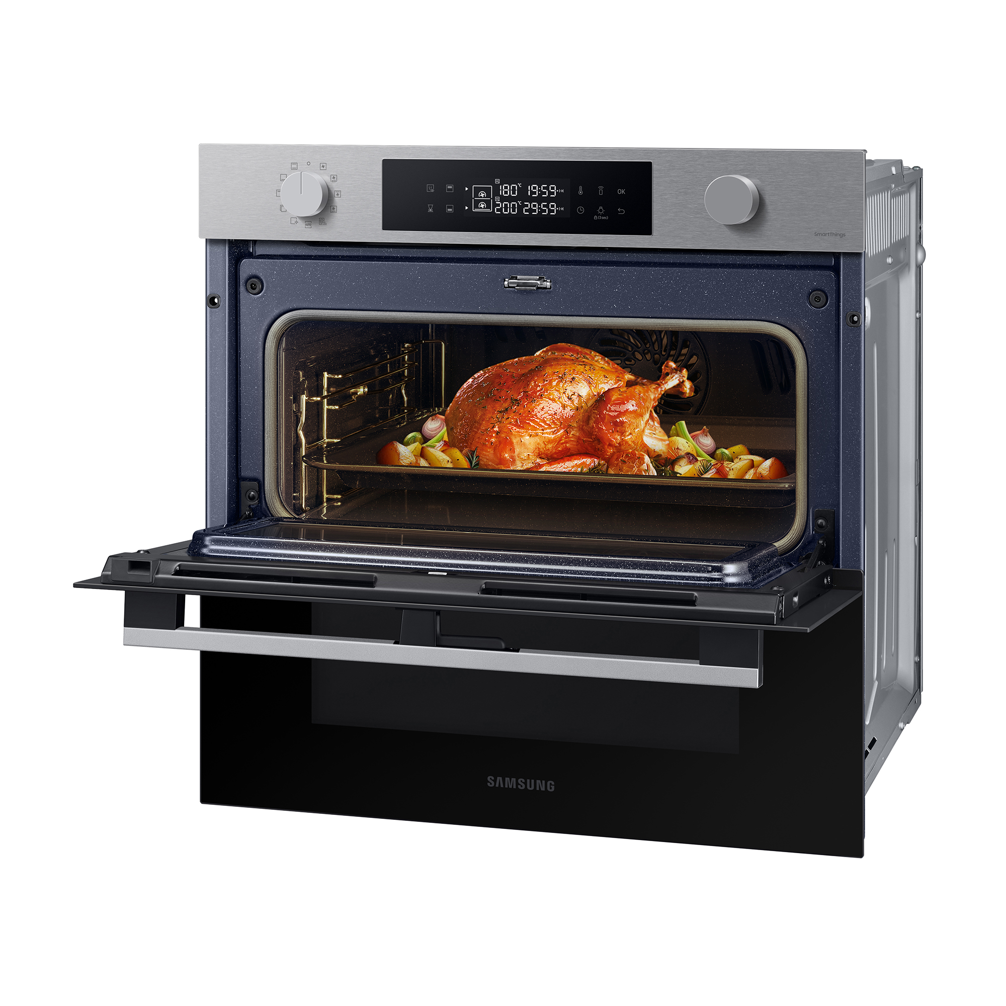 Un horno está abierto, mostrando un pavo asado con verduras dentro. El horno tiene una pantalla digital.