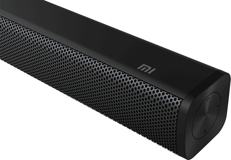 Fekete soundbar lyuksorral, lekerekített végekkel és az MI logóval.