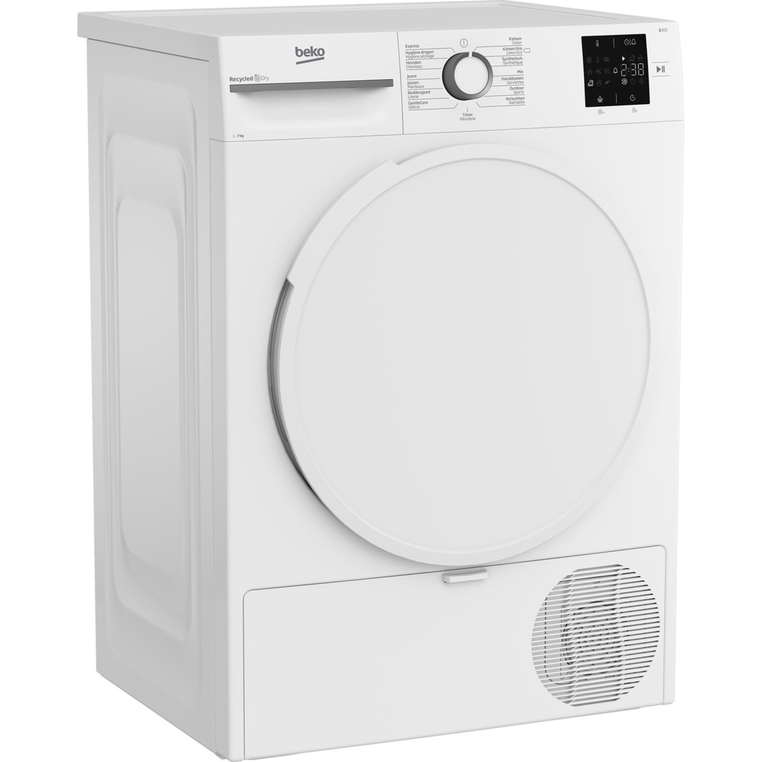 Een witte Beko droger met een ronde deur en bedieningspaneel bovenop.
