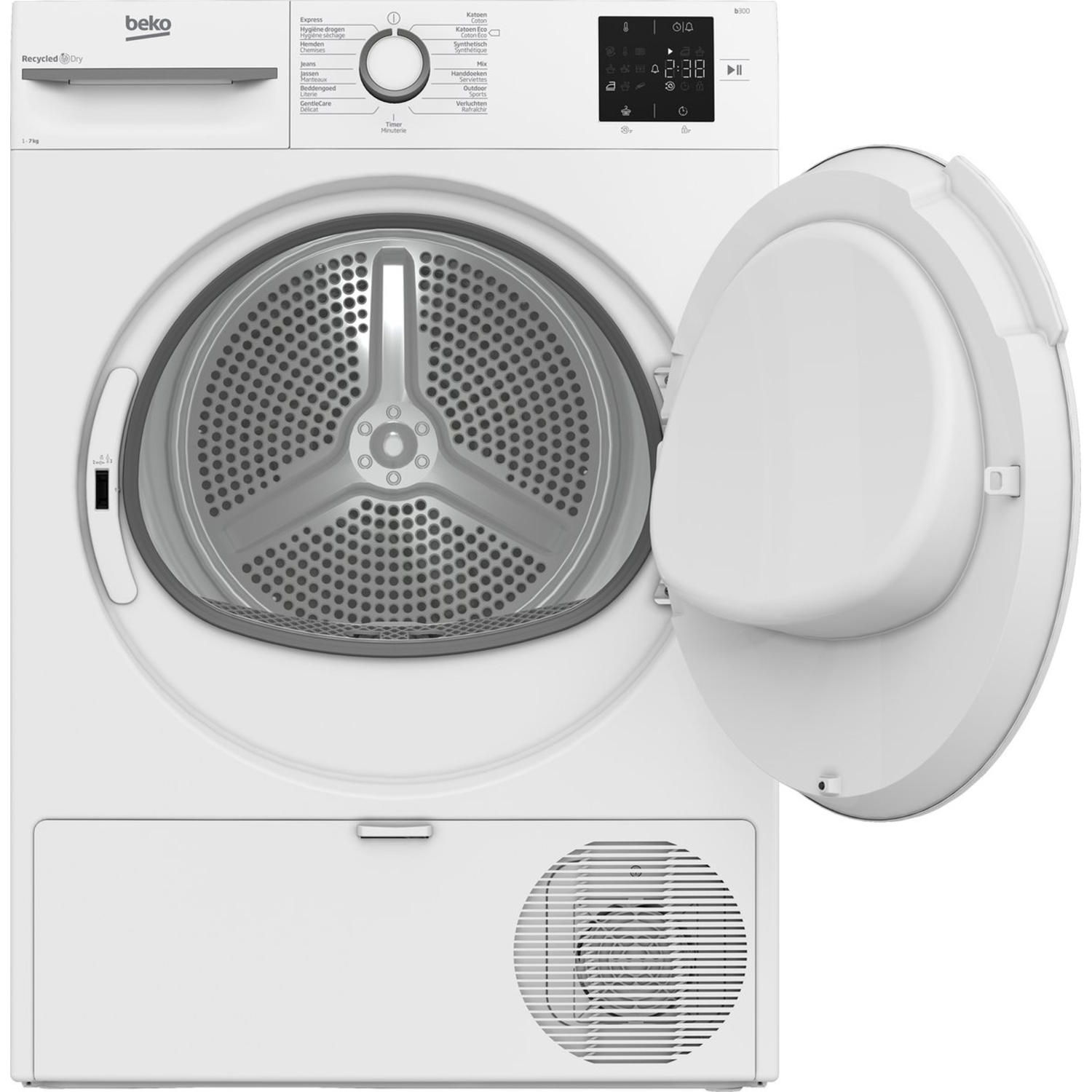 Een witte Beko droger met de deur open. Binnenin zit een metalen trommel met gaten. Het bedieningspaneel zit bovenop.