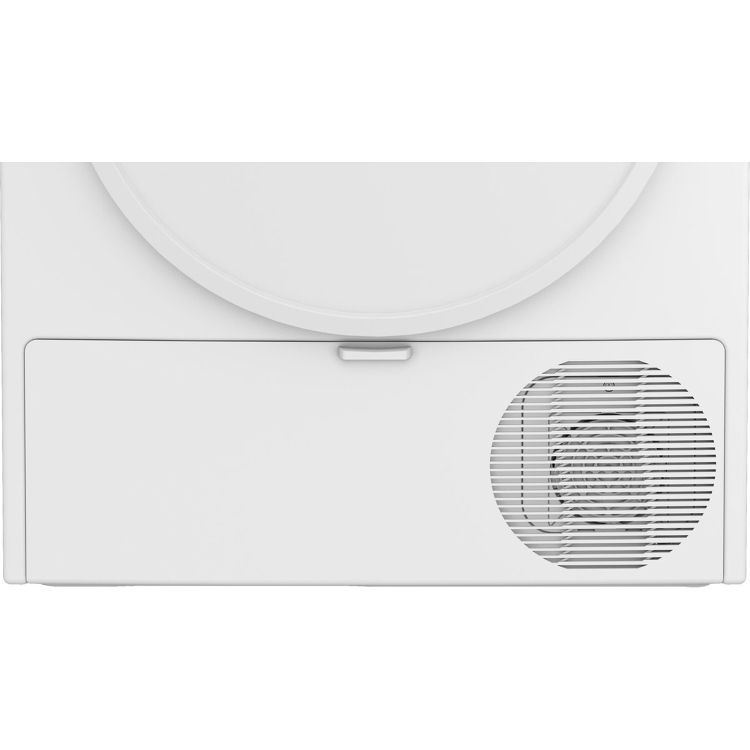 Een wit apparaat heeft een deur en een ronde ventilatieopening. De afbeelding is een bovenaanzicht.