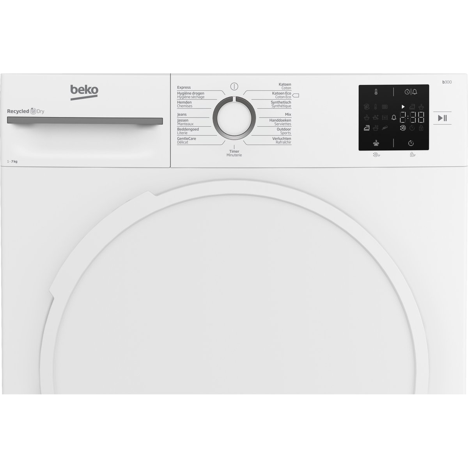 Beko droger bedieningspaneel. Witte machine met display, knoppen en draaiknop.