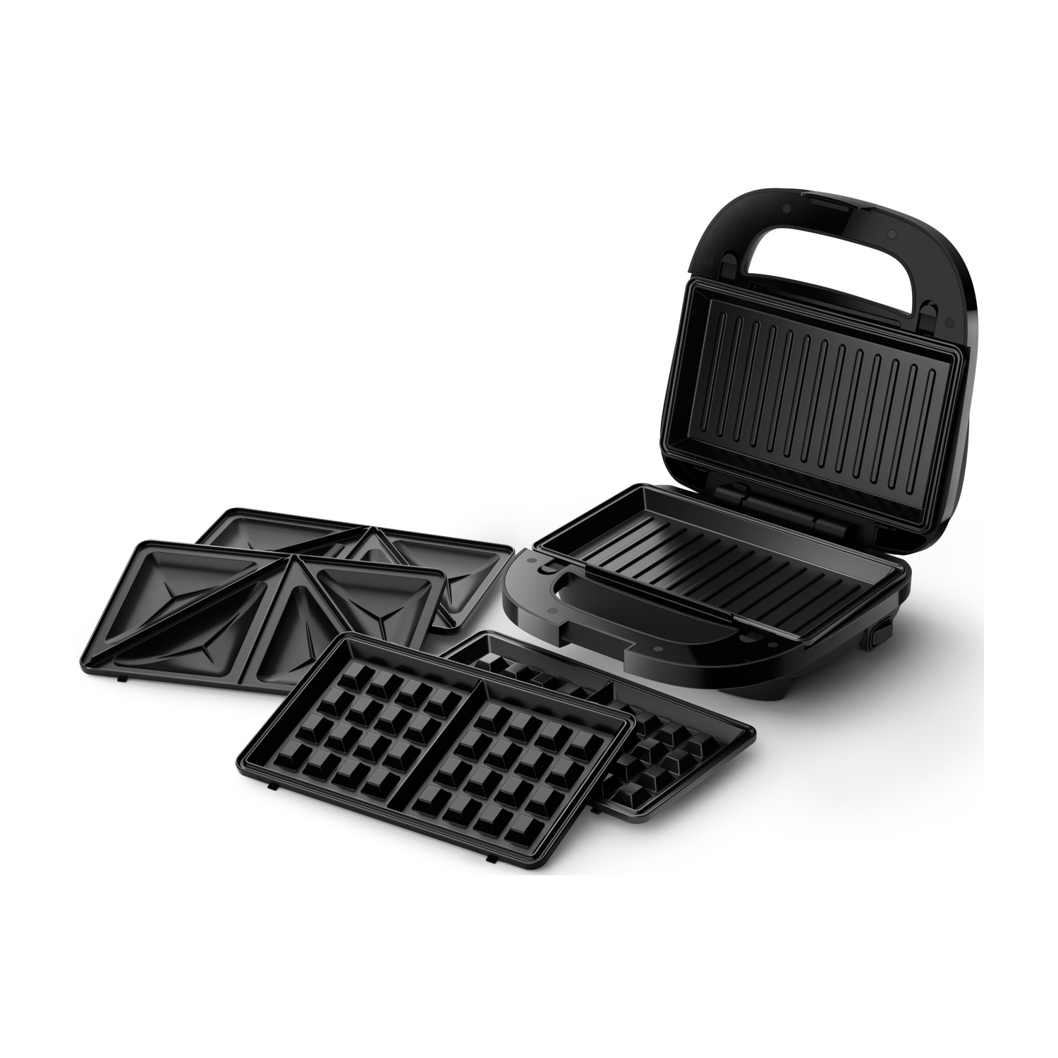Piastra per sandwich nera con piastre rimovibili e piastre per waffle.