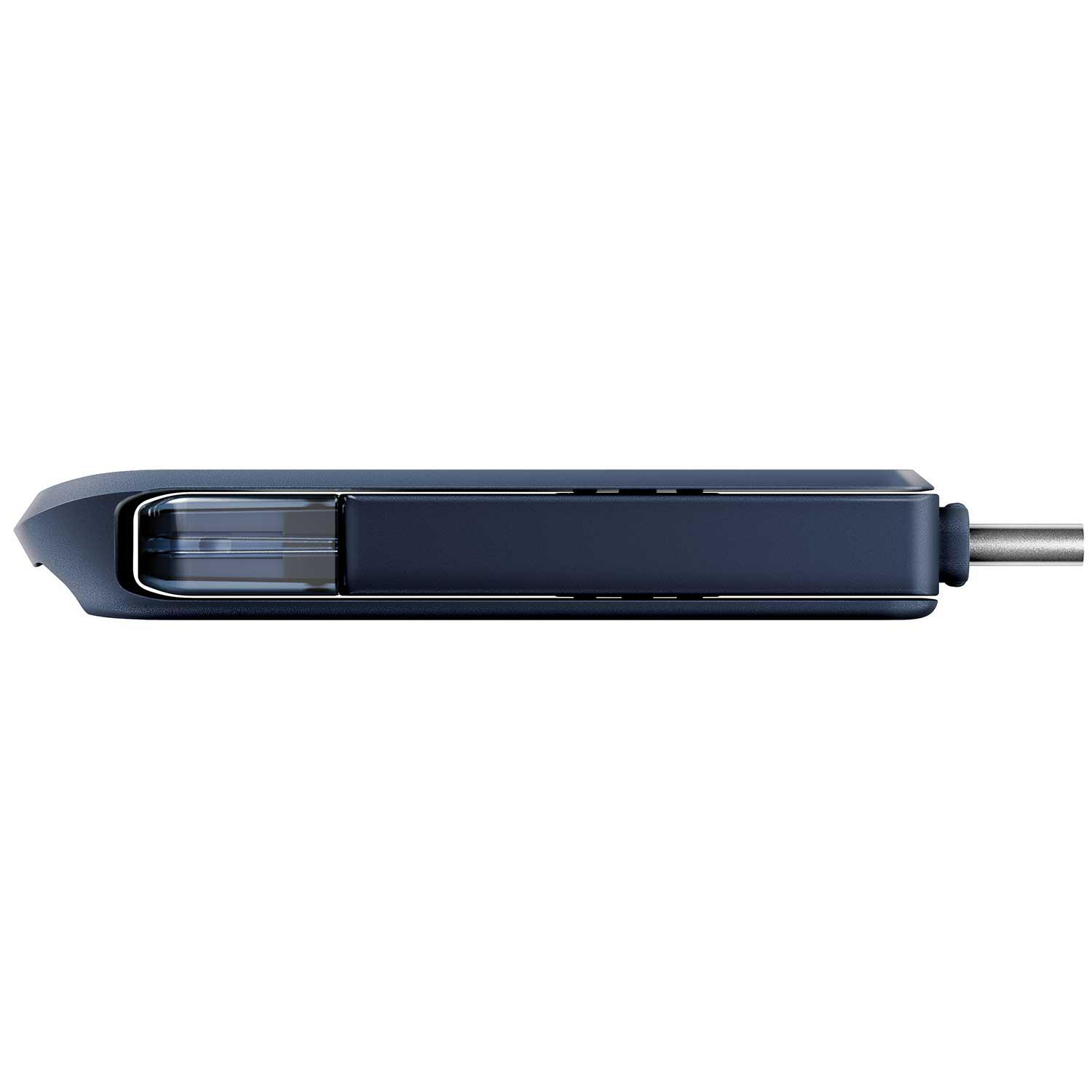 Ein dunkelblaues, rechteckiges, schlankes Gerät, wahrscheinlich ein USB-C-Adapter, mit Metallrahmen.