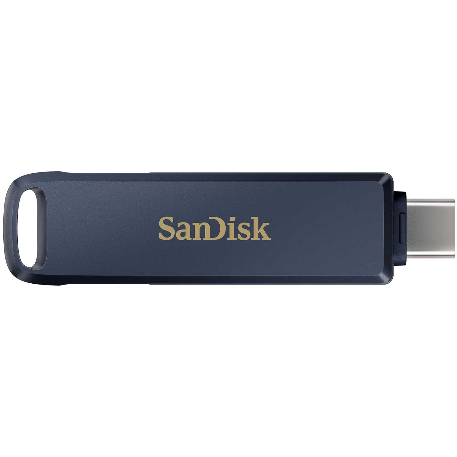 Ein blauer Sandisk USB-Stick mit goldfarbenem Schriftzug. Der Stecker ist sichtbar. Weißer Hintergrund.