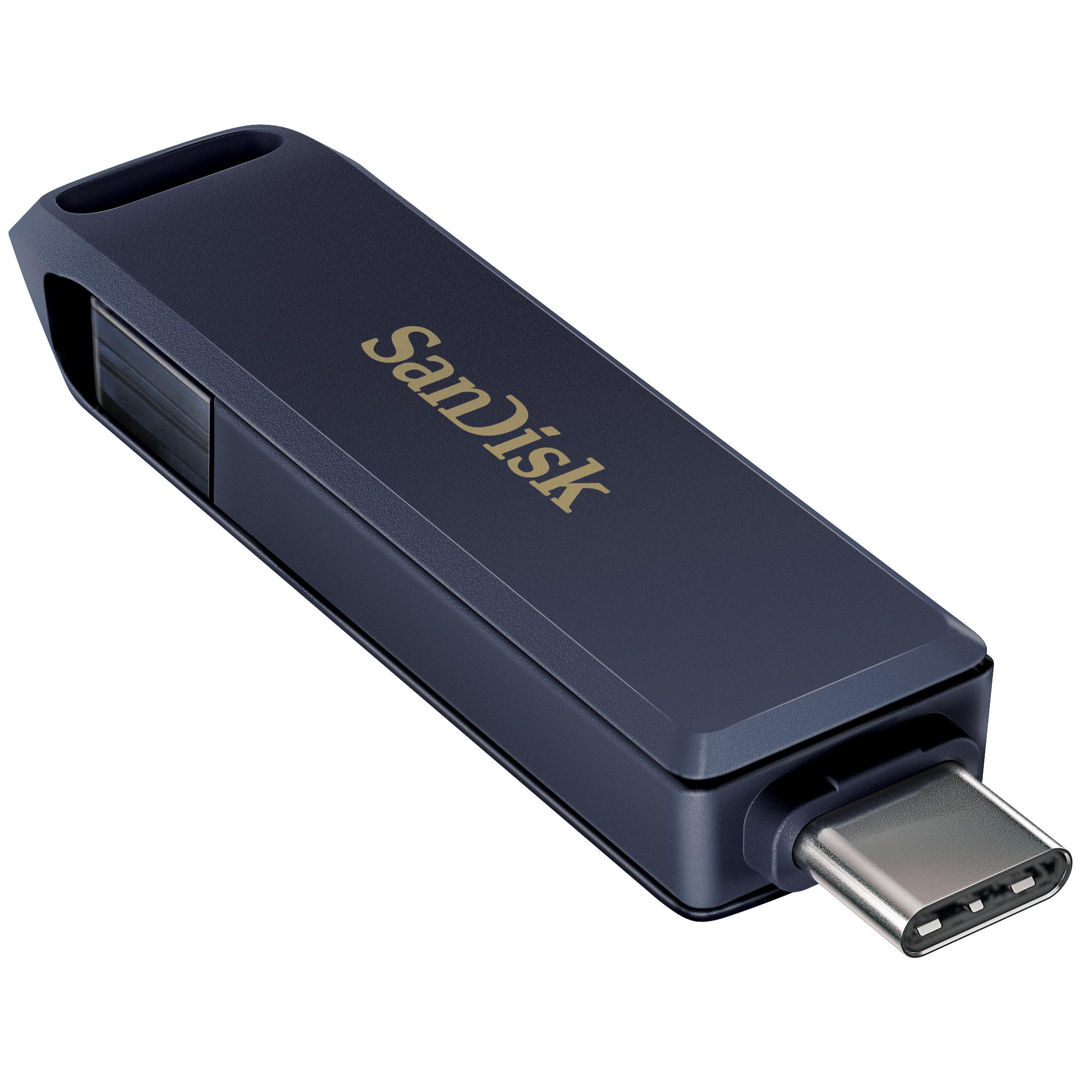 Ein marineblauer SanDisk USB-C-Flash-Laufwerk mit goldenem Text.