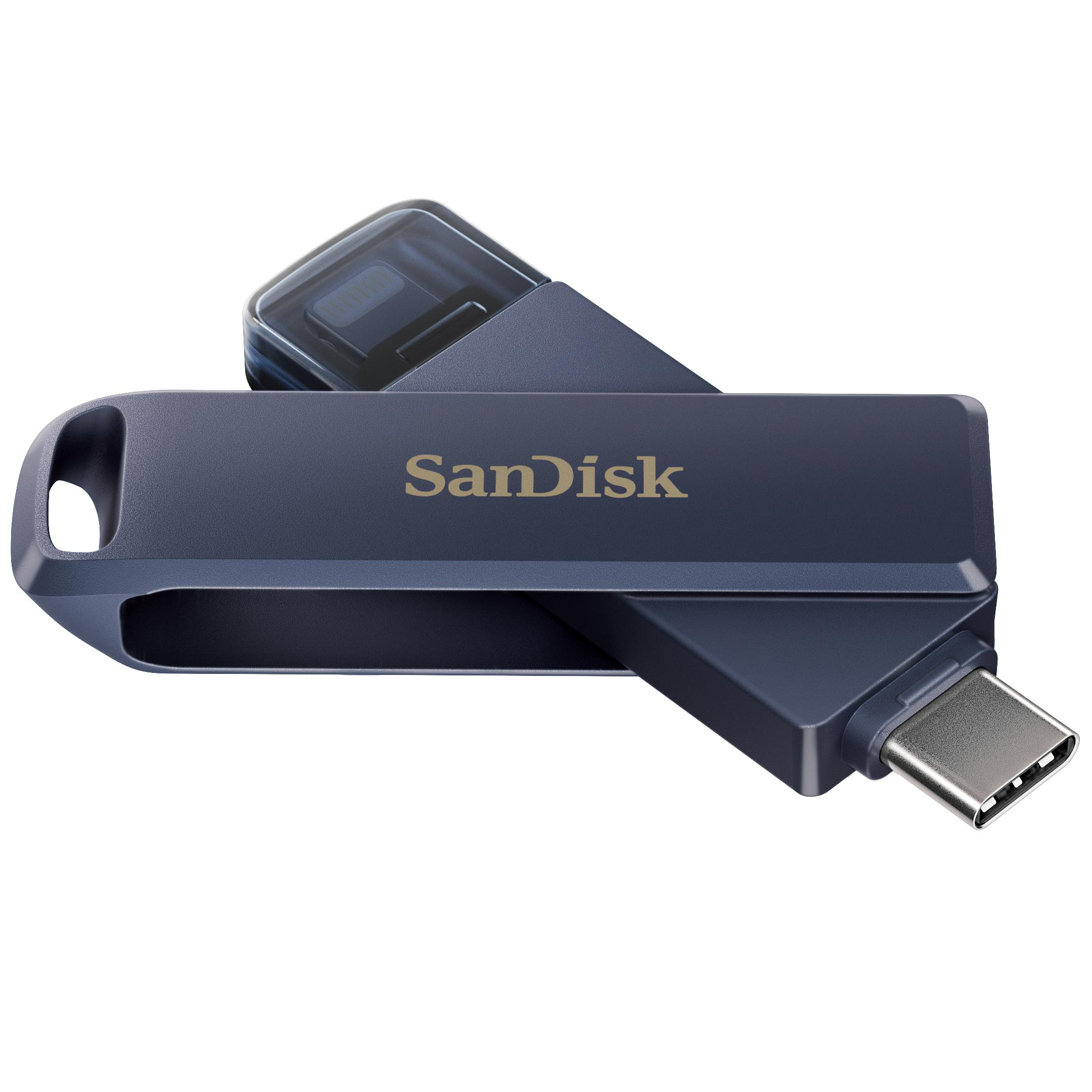 Dunkelblau-grauer Sandisk USB-Stick. Er hat ein Schwenkdesign und einen USB-C-Anschluss.