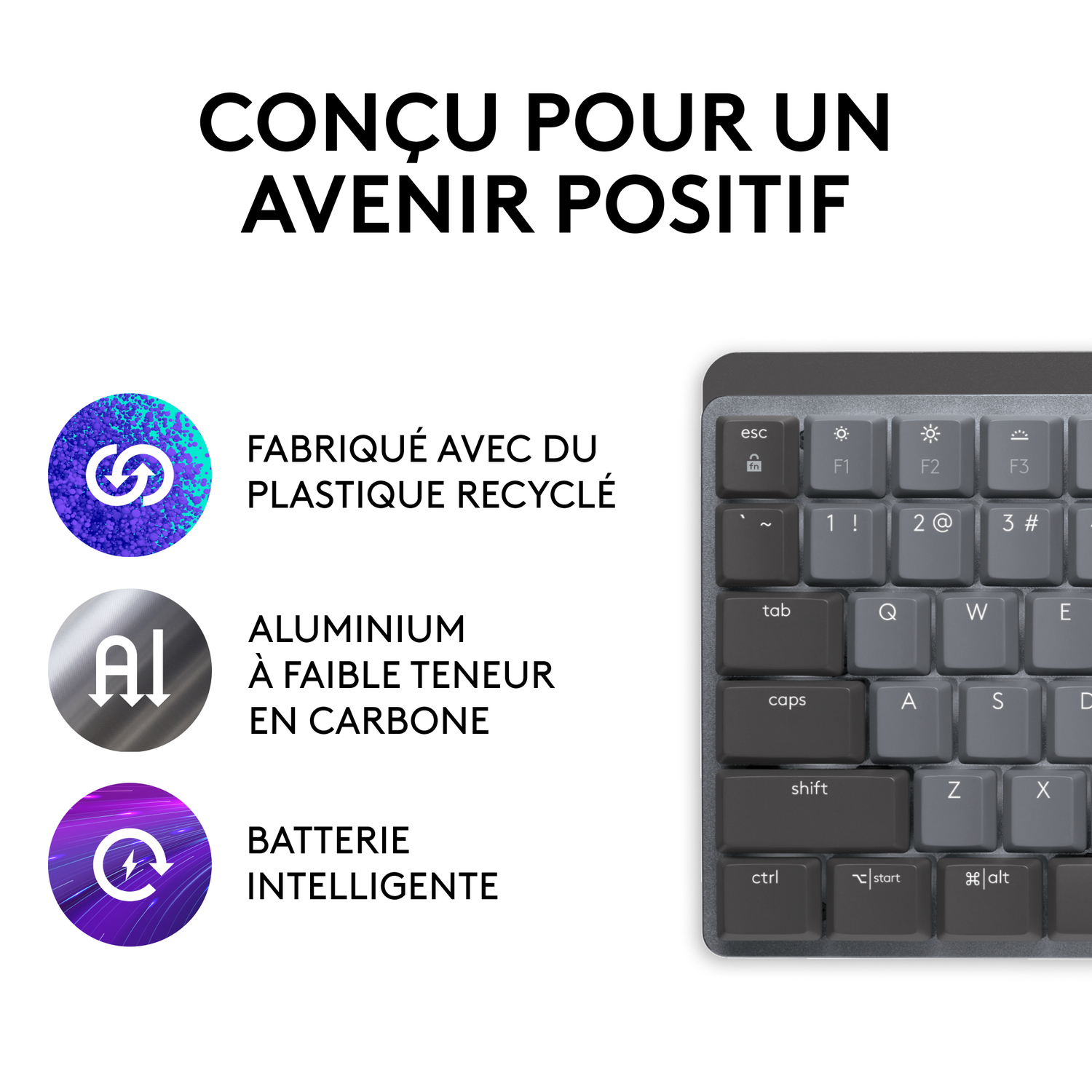 Clavier avec plastique recyclé, aluminium à faible teneur en carbone et fonctions de batterie intelligente.