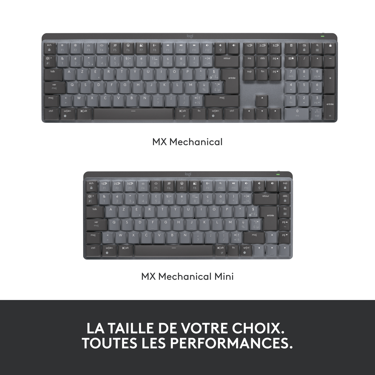 Deux claviers, noirs, touches grises, en haut : taille réelle, en bas : mini compact, fond blanc.