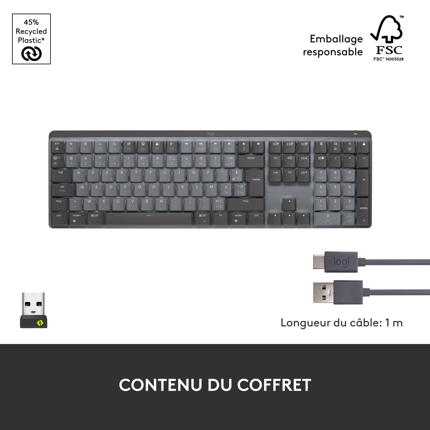Clavier avec câble USB et récepteur USB, texte en français : 'CONTENU DU COFFRET' (Contenu de la boîte).