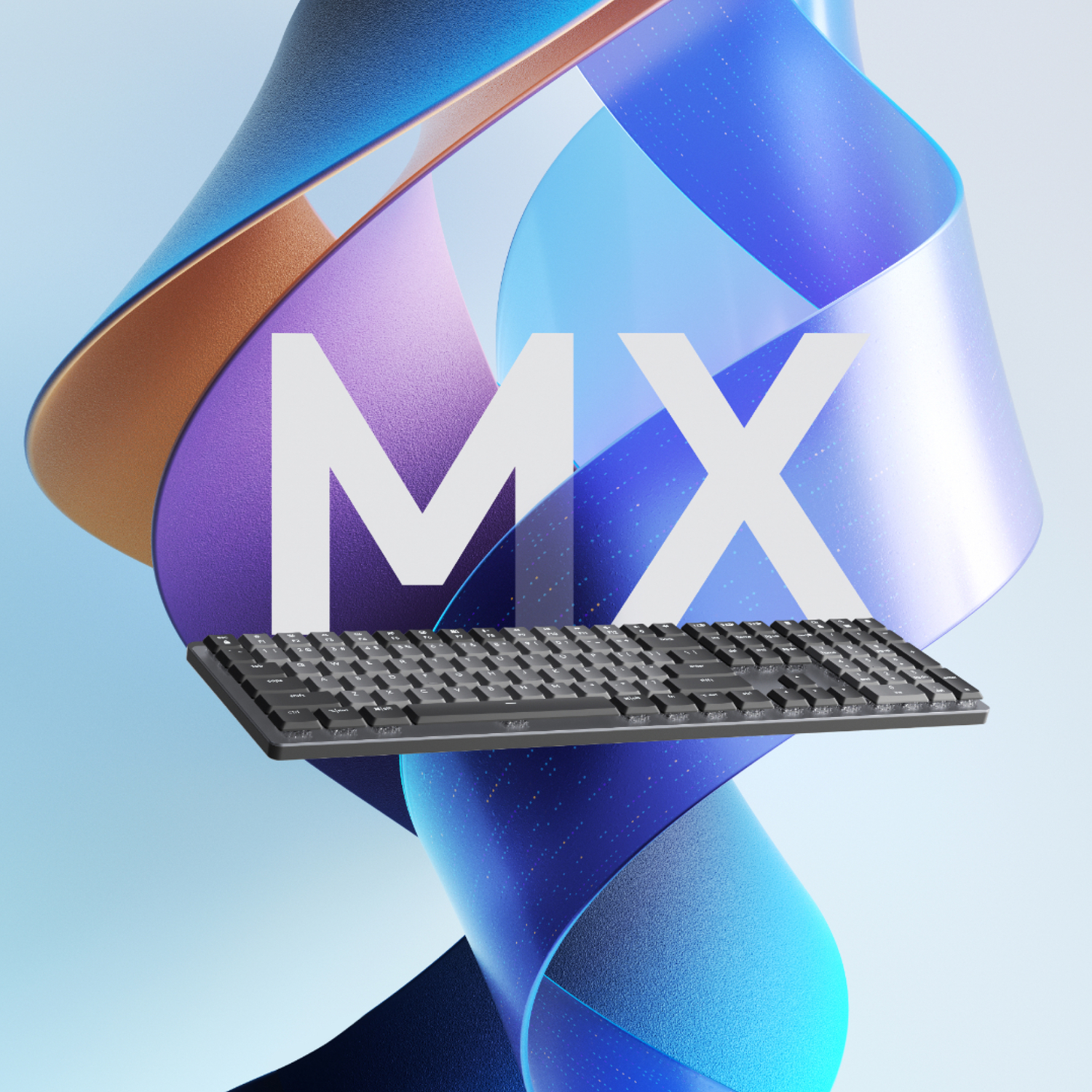 A black keyboard with white letters, and the word MX in big white letters in front.