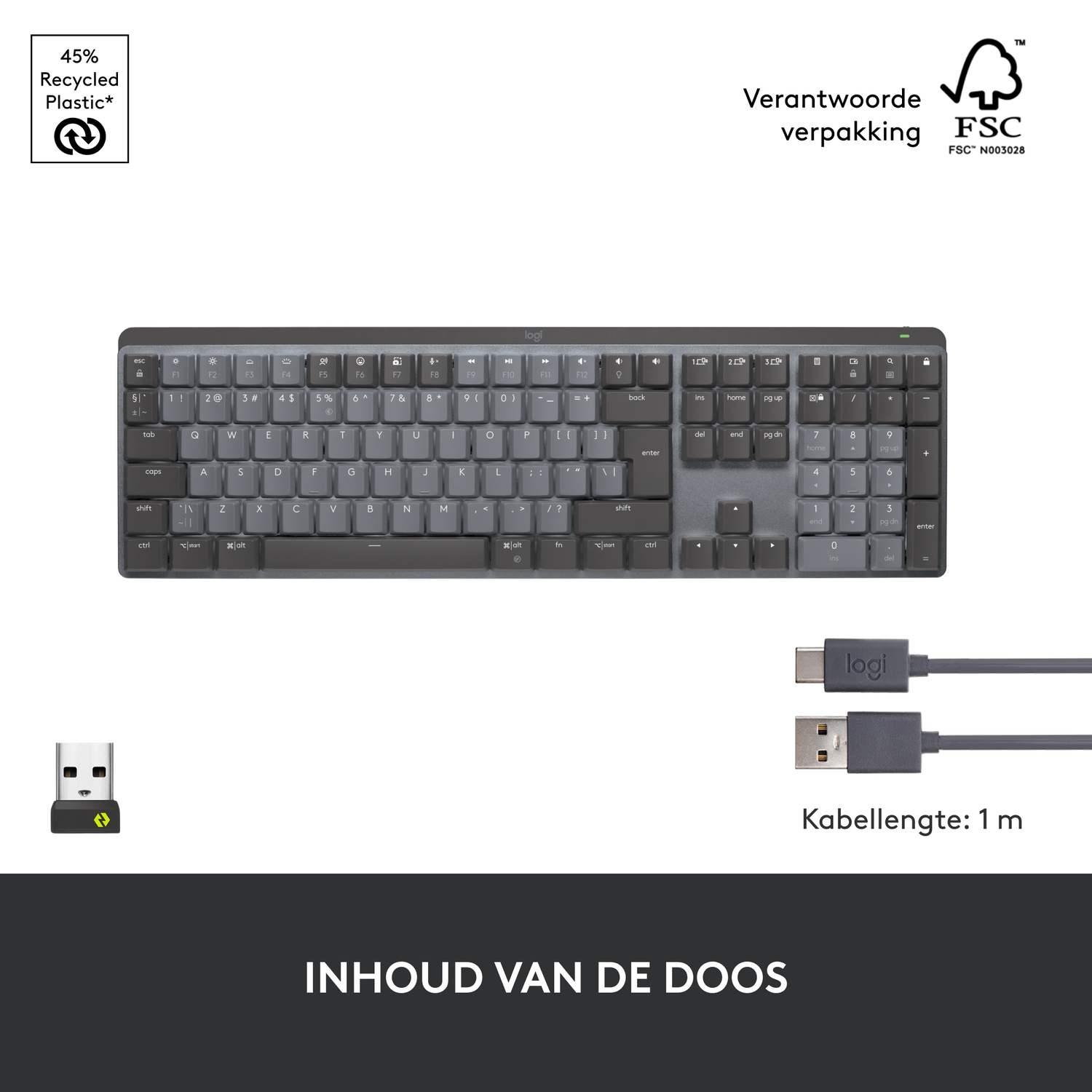 A gray keyboard with a USB dongle and cable. Text on the box indicates it is recycled.