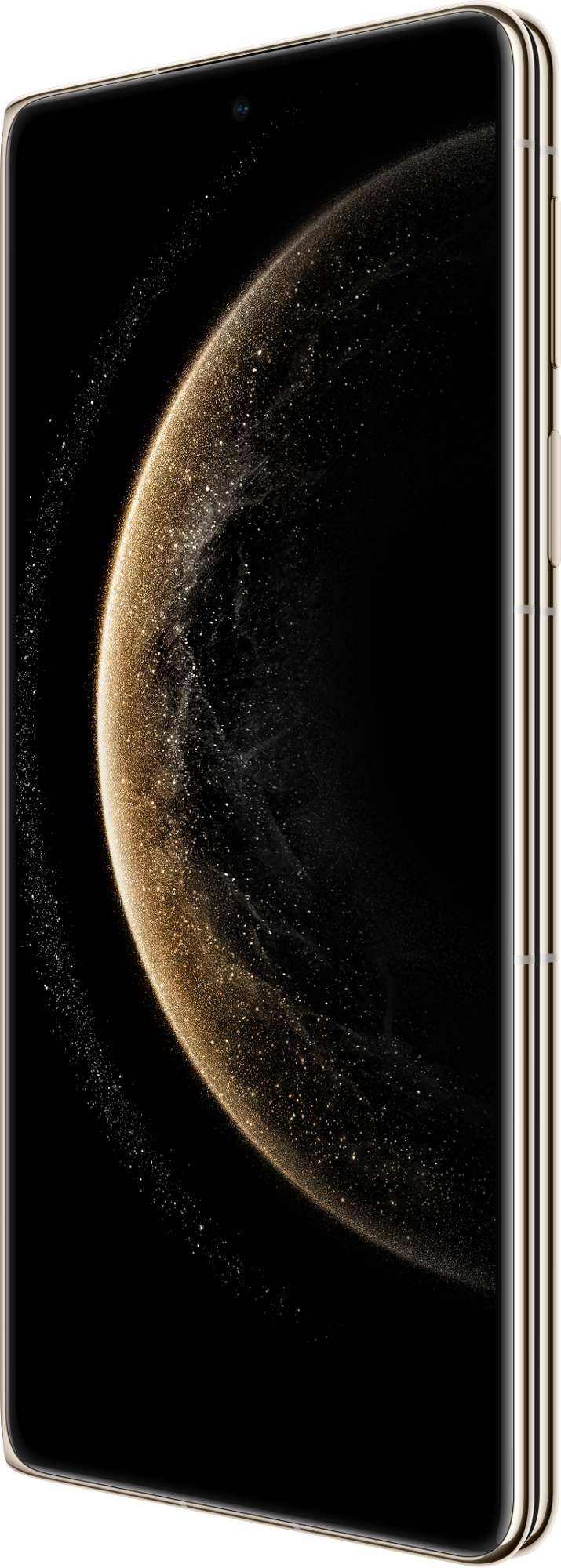 Złoty smartfon. Widok z boku z czarnym ekranem. Ekran jest włączony.