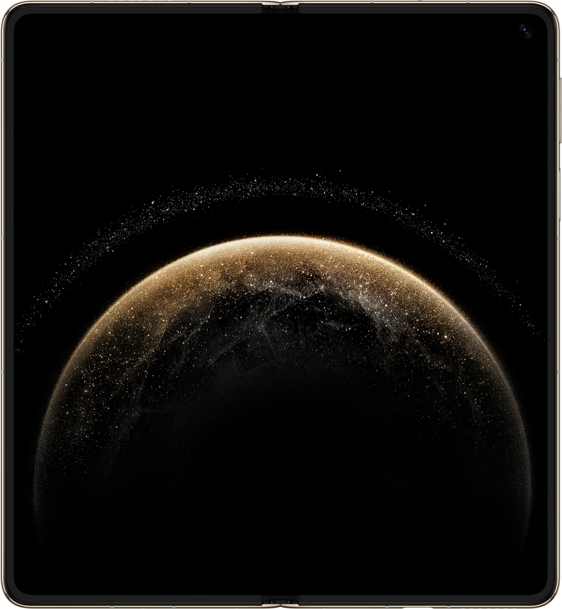 Złota planeta na czarnym tle, z pierścieniem cząsteczek światła wokół niej.