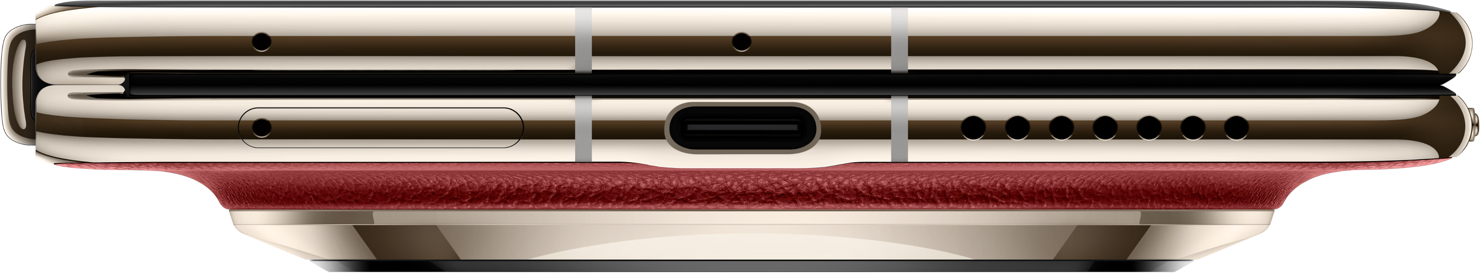 Widok z boku telefonu z czerwoną skórzaną podstawą, złotymi akcentami.