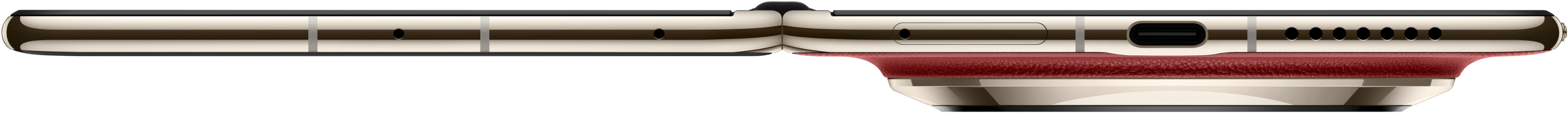 Smartfon, złoty i beżowy, widok z boku z czerwoną podstawą.