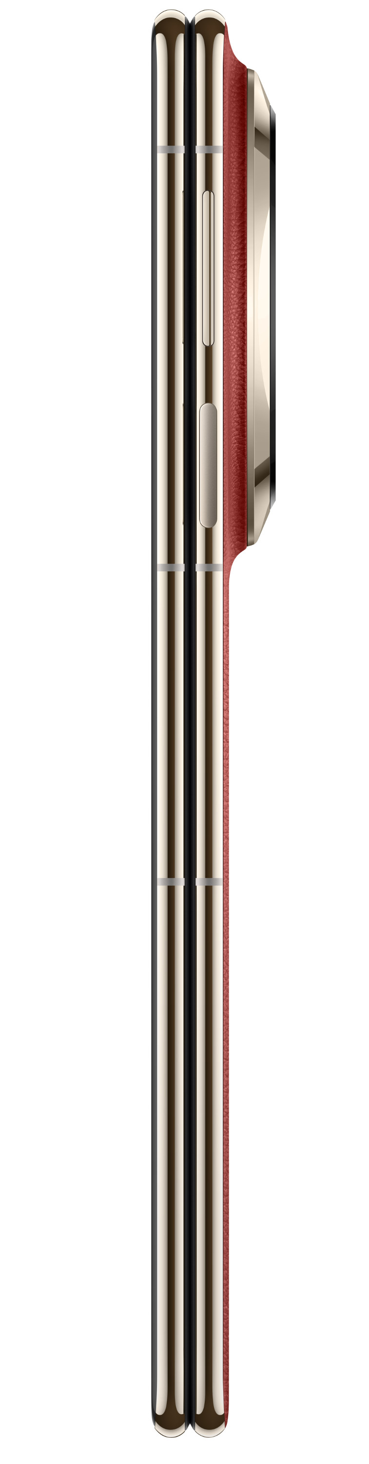 Widok z boku złotego i czerwonego smartfona.