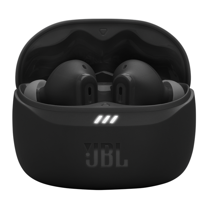 Auriculares negros en un estuche de carga, con el logo de JBL.