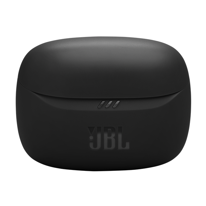 Estuche de carga de auriculares JBL negro con el logotipo de JBL y tres luces indicadoras.