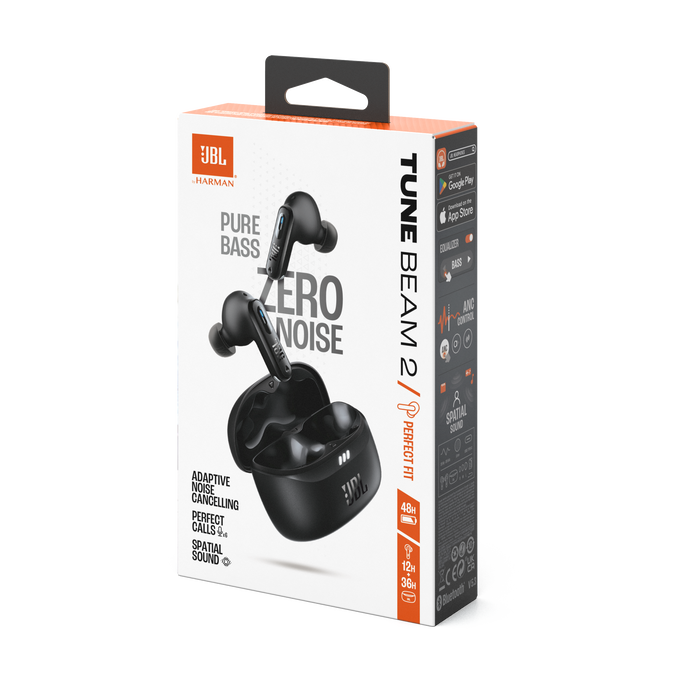 Auriculares JBL negros en una caja. La caja tiene detalles del producto y marca. Los auriculares se muestran junto al estuche de carga.