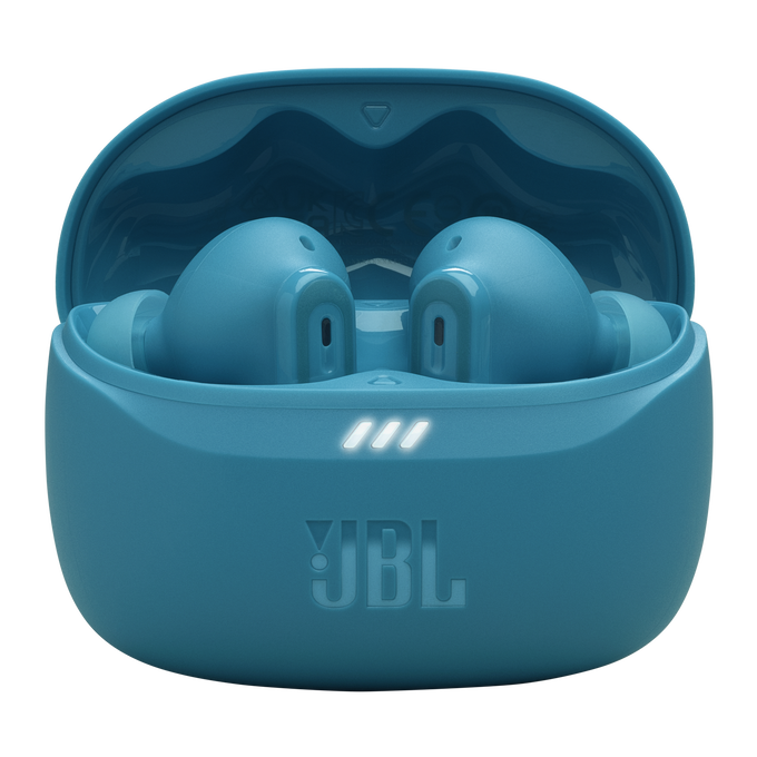Auriculares JBL azules en estuche abierto. Luces blancas al frente. Fondo negro.